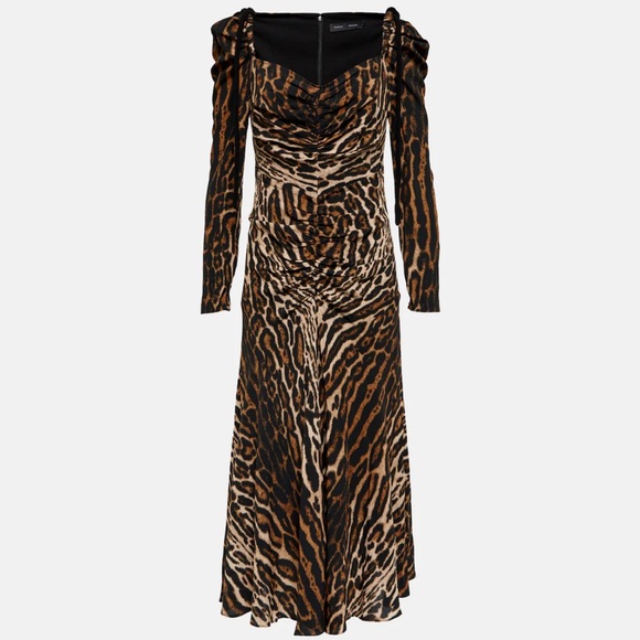 Proenza Schouler Leopard Long Sleeve Crêpe de Chine Midi Dress 8 NWT $1090